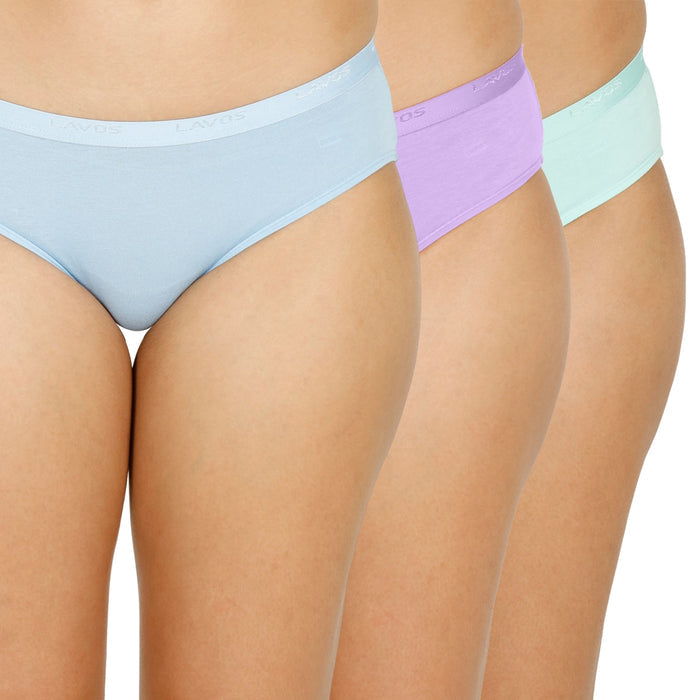 Organic Bamboo outer elastic bikini for Women-pack of 3's photograph that's made with an innovative bamboo and organic cotton fabric from Lavos Performance, a carbon neutral eco-fashion company. Lavos Performance Women's Bikini Panty comes in a pack of 3 with assorted colors. Perfect for your day-to-day routine. Made of signature Air jersey fabric that is extremely soft, lightweight, and skin-friendly. Added front and back coverage. Anti-bacterial and odor-free. Ultra Soft Bamboo/Cotton keeps yo