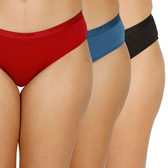 Organic Bamboo outer elastic bikini for Women-pack of 3's photograph that's made with an innovative bamboo and organic cotton fabric from Lavos Performance, a carbon neutral eco-fashion company. Lavos Performance Women's Bikini Panty comes in a pack of 3 with assorted colors. Perfect for your day-to-day routine. Made of signature Air jersey fabric that is extremely soft, lightweight, and skin-friendly. Added front and back coverage. Anti-bacterial and odor-free. Ultra Soft Bamboo/Cotton keeps yo