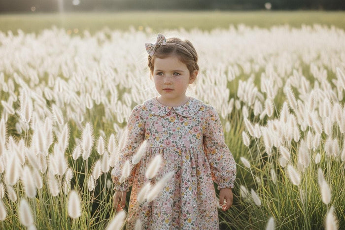 Liberty Betsy Long Sleeves Girl Dress: Peter Pan Collar, Ditsy Floral Cotton Tana Lawn
