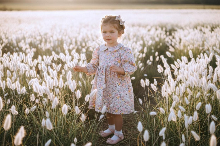 Liberty Betsy Long Sleeves Girl Dress: Peter Pan Collar, Ditsy Floral Cotton Tana Lawn