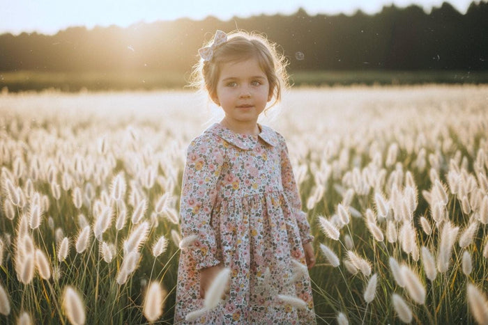 Liberty Betsy Long Sleeves Girl Dress: Peter Pan Collar, Ditsy Floral Cotton Tana Lawn