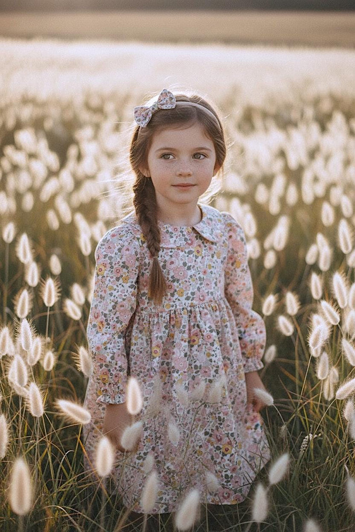 Liberty Betsy Long Sleeves Girl Dress: Peter Pan Collar, Ditsy Floral Cotton Tana Lawn