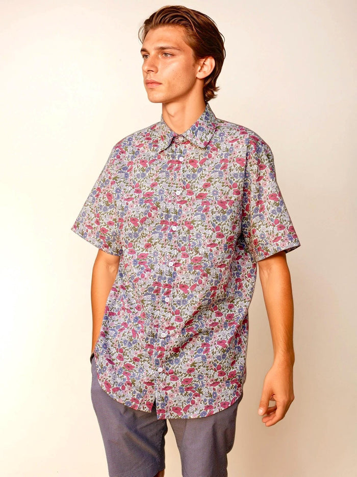 Liberty Fabric Short Sleeve Men Shirt: Floral Print, Casual Loose Fit Button Up Shirt