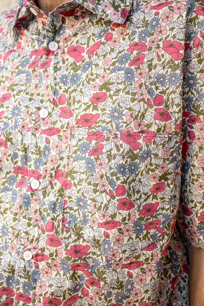 Liberty Fabric Short Sleeve Men Shirt: Floral Print, Casual Loose Fit Button Up Shirt