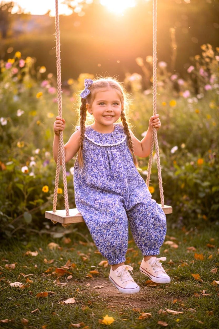 Liberty Floral Print Fabric Overalls: Ruffle Collar, Sleeveless Dungarees