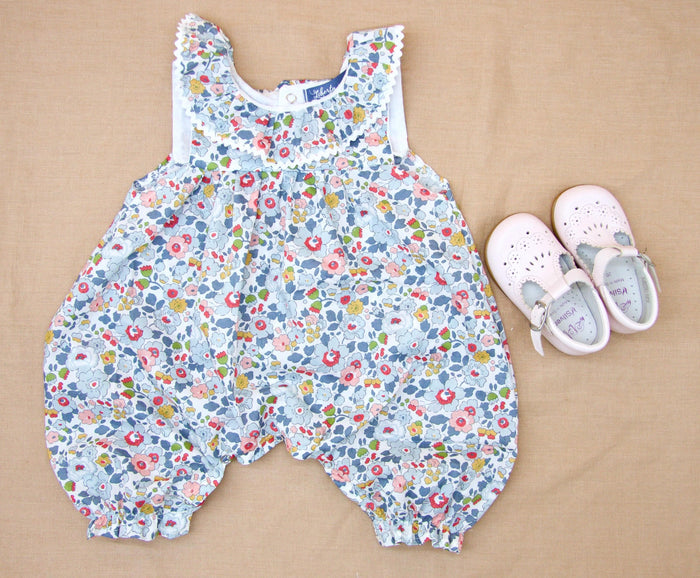 Liberty Floral Print Fabric Sleeveless Overalls: Ruffle Collar, Sleeveless Dungarees