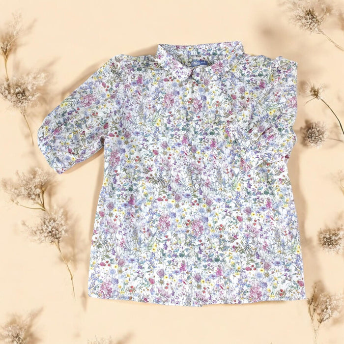 Liberty Floral Print Woman Shirt: Button Through Short Sleeves, Ditsy Botanical Blouse