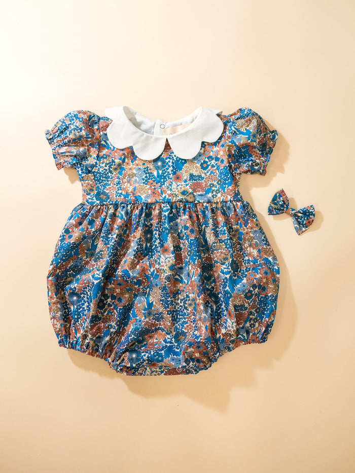 Liberty London Baby Bubble: Cotton Floral Print Romper, Bubble Short Sleeve, Scalloped Collar