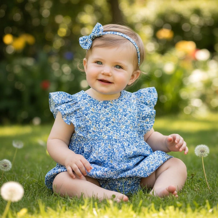 Liberty London Baby Bubble Romper, Ditsy Floral Print Playsuit, English Cotton Tana Lawn Onesie