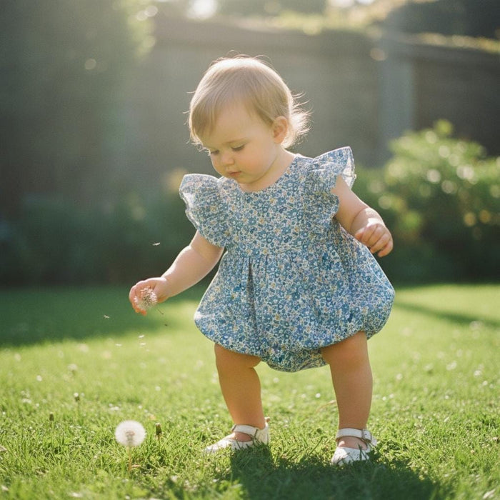 Liberty London Baby Bubble Romper, Ditsy Floral Print Playsuit, English Cotton Tana Lawn Onesie