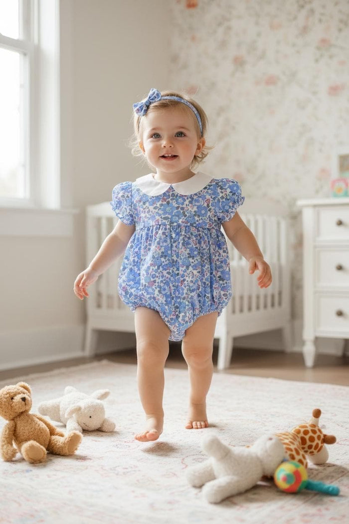 Liberty London Baby Bubble Romper: Peter Pan Collar, Floral Print Cotton Tana Lawn