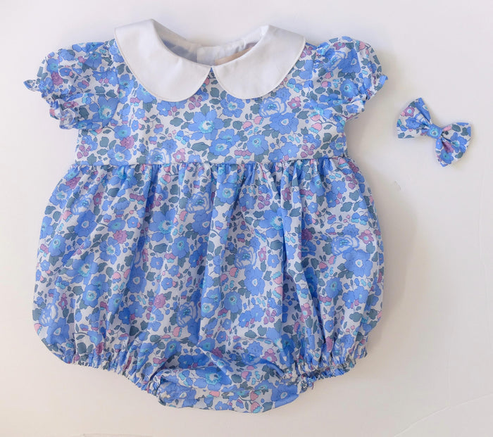 Liberty London Baby Bubble Romper: Peter Pan Collar, Floral Print Cotton Tana Lawn