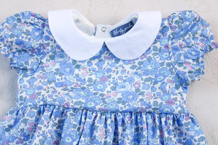 Liberty London Baby Bubble Romper: Peter Pan Collar, Floral Print Cotton Tana Lawn