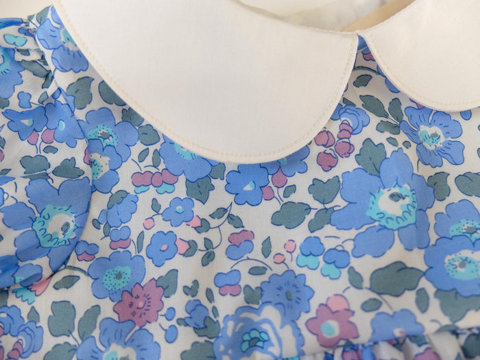 Liberty London Baby Bubble Romper: Peter Pan Collar, Floral Print Cotton Tana Lawn