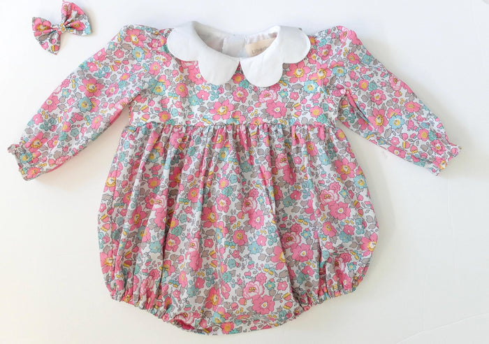 Liberty London Baby Girl Bubble Long Sleeve Romper: Floral Print Cotton Onesie, Collar Playsuit