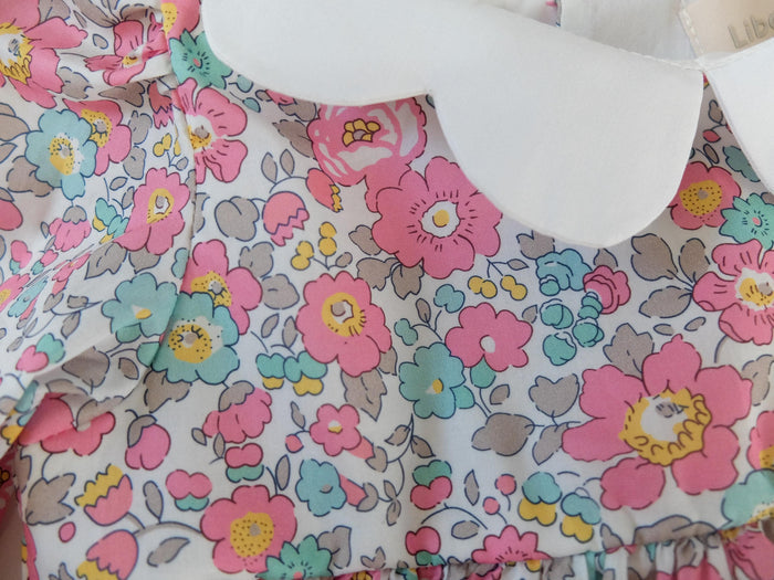 Liberty London Baby Girl Bubble Long Sleeve Romper: Floral Print Cotton Onesie, Collar Playsuit