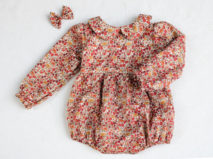 Liberty London Baby Playsuit: Long Sleeve Romper, Peter Pan Collar, Botanical Print