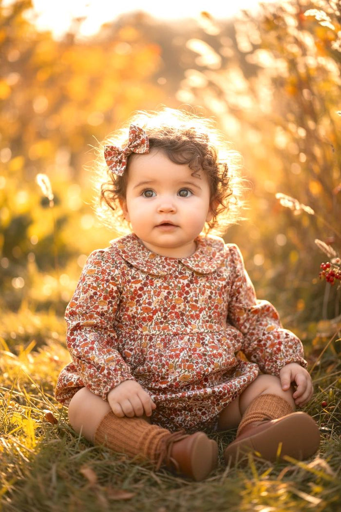 Liberty London Baby Playsuit: Long Sleeve Romper, Peter Pan Collar, Botanical Print