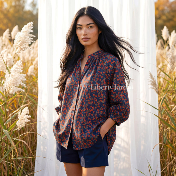 Liberty London Blouse, Raglan 3/4 Sleeves Top, Mandarin Collar Shirt, Handmade Botanical Clothing, Sustainable Personalised Cotton Wear