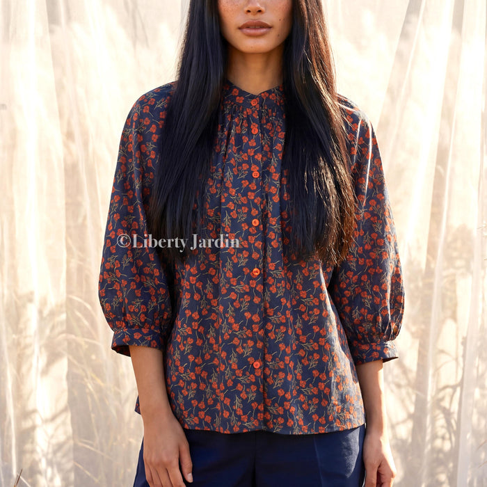 Liberty London Blouse, Raglan 3/4 Sleeves Top, Mandarin Collar Shirt, Handmade Botanical Clothing, Sustainable Personalised Cotton Wear