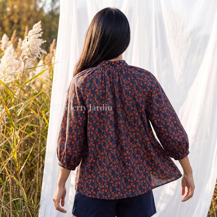 Liberty London Blouse, Raglan 3/4 Sleeves Top, Mandarin Collar Shirt, Handmade Botanical Clothing, Sustainable Personalised Cotton Wear