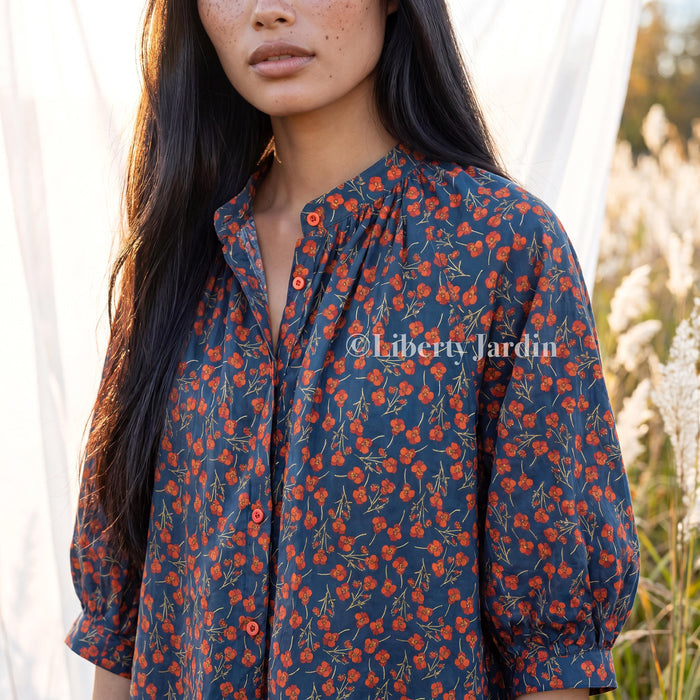 Liberty London Blouse, Raglan 3/4 Sleeves Top, Mandarin Collar Shirt, Handmade Botanical Clothing, Sustainable Personalised Cotton Wear