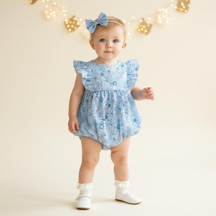 Liberty London Blue Bubble Playsuit Romper, Floral Print Cotton Tana Lawn Sleeveless Handmade Sunsuit