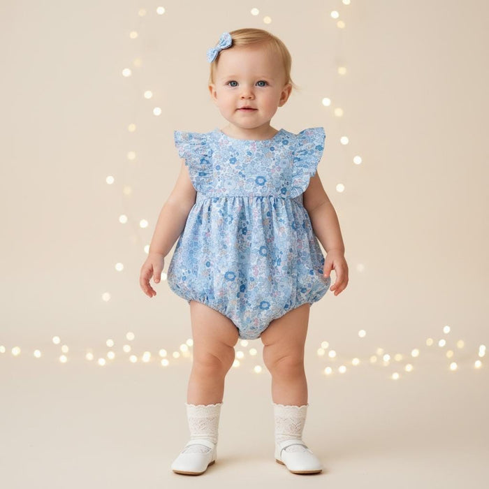 Liberty London Blue Bubble Playsuit Romper, Floral Print Cotton Tana Lawn Sleeveless Handmade Sunsuit