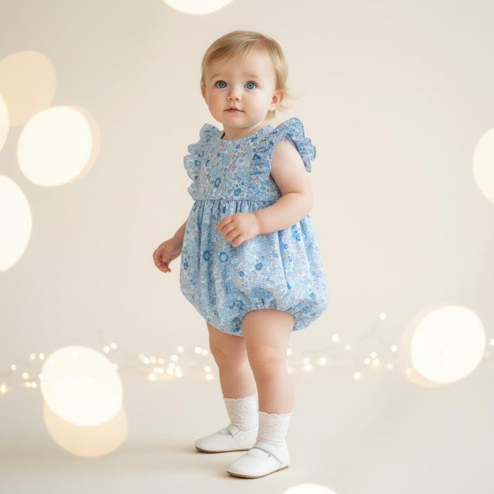 Liberty London Blue Bubble Playsuit Romper, Floral Print Cotton Tana Lawn Sleeveless Handmade Sunsuit