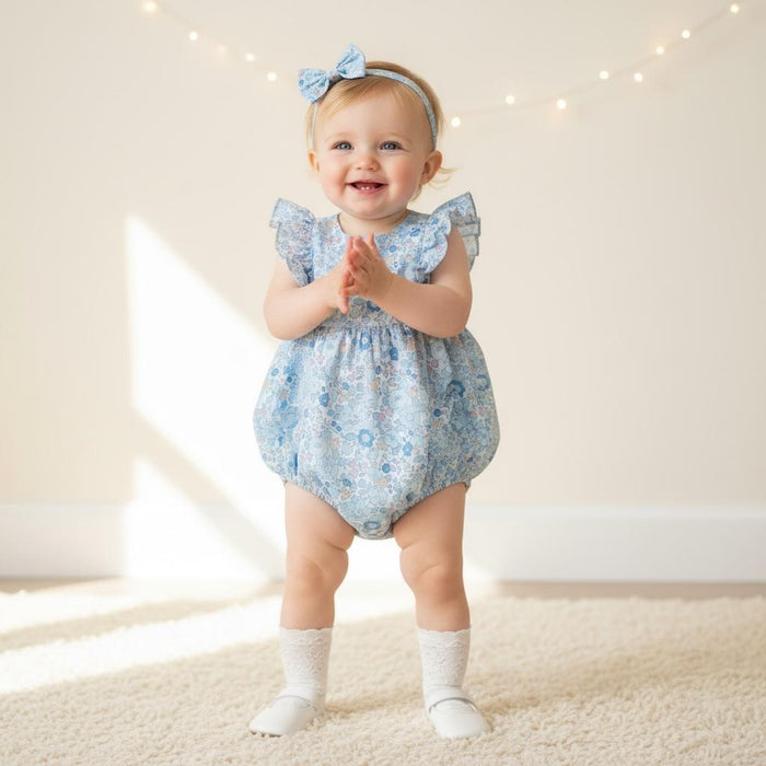 Liberty London Blue Bubble Playsuit Romper, Floral Print Cotton Tana Lawn Sleeveless Handmade Sunsuit