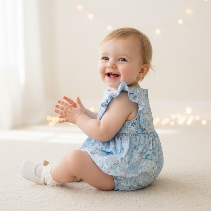 Liberty London Blue Bubble Playsuit Romper, Floral Print Cotton Tana Lawn Sleeveless Handmade Sunsuit