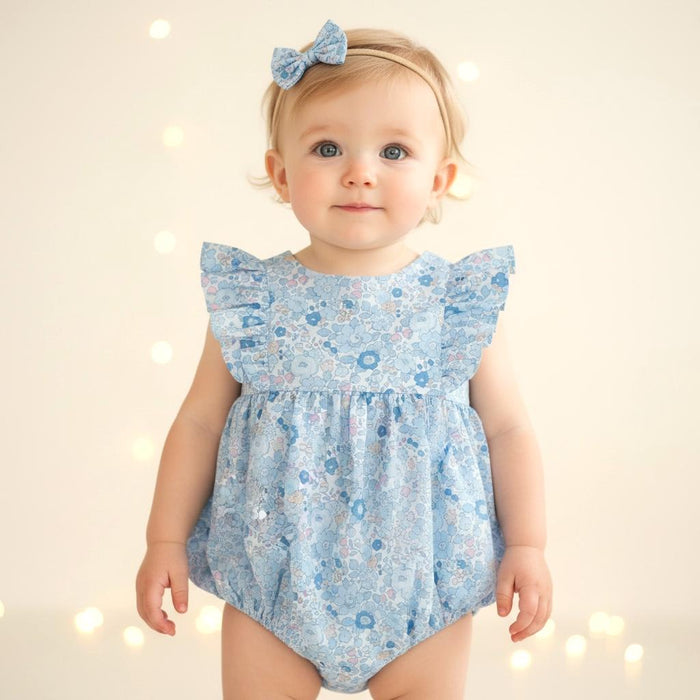 Liberty London Blue Bubble Playsuit Romper, Floral Print Cotton Tana Lawn Sleeveless Handmade Sunsuit