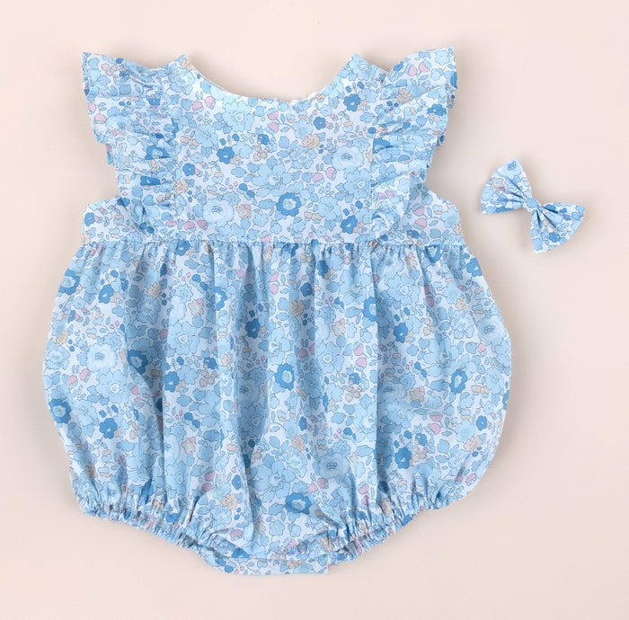Liberty London Blue Bubble Playsuit Romper, Floral Print Cotton Tana Lawn Sleeveless Handmade Sunsuit