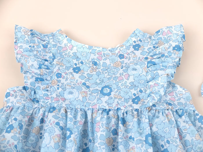 Liberty London Blue Bubble Playsuit Romper, Floral Print Cotton Tana Lawn Sleeveless Handmade Sunsuit