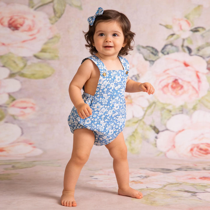 Liberty London Blue Floral Print Bubble Romper, Handmade Ditsy Cotton Tana Lawn Suspender Sunsuit