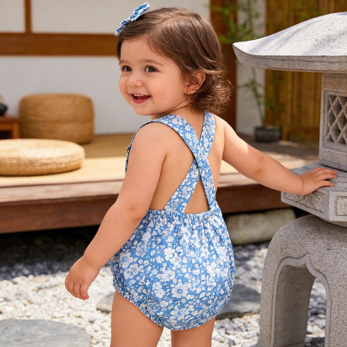 Liberty London Blue Floral Print Bubble Romper, Handmade Ditsy Cotton Tana Lawn Suspender Sunsuit