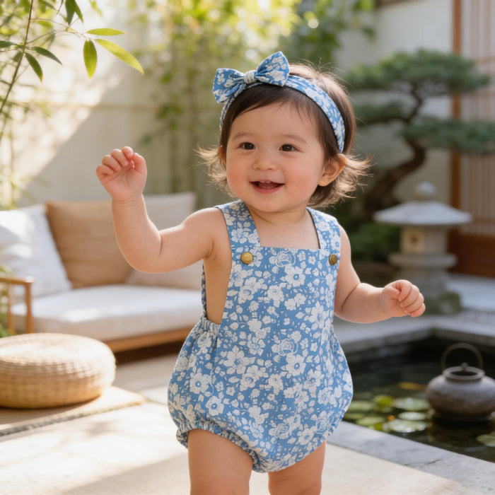 Liberty London Blue Floral Print Bubble Romper, Handmade Ditsy Cotton Tana Lawn Suspender Sunsuit