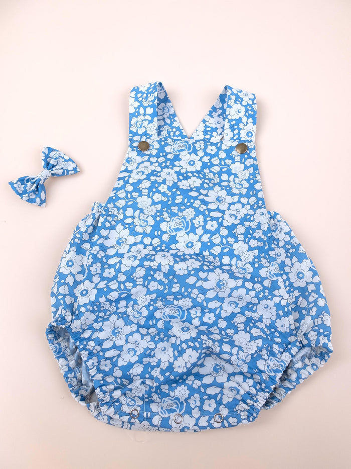 Liberty London Blue Floral Print Bubble Romper, Handmade Ditsy Cotton Tana Lawn Suspender Sunsuit