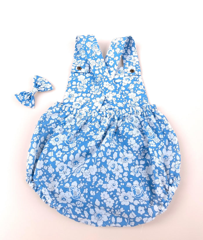 Liberty London Blue Floral Print Bubble Romper, Handmade Ditsy Cotton Tana Lawn Suspender Sunsuit