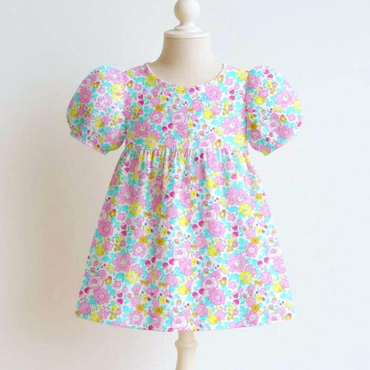 Liberty London Blue Yellow Pink Floral Print Sun Dress, Short Puffed Sleeves Handmade Dress