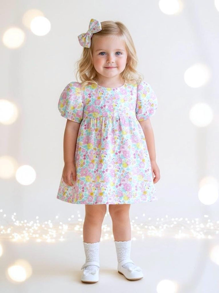 Liberty London Blue Yellow Pink Floral Print Sun Dress, Short Puffed Sleeves Handmade Dress