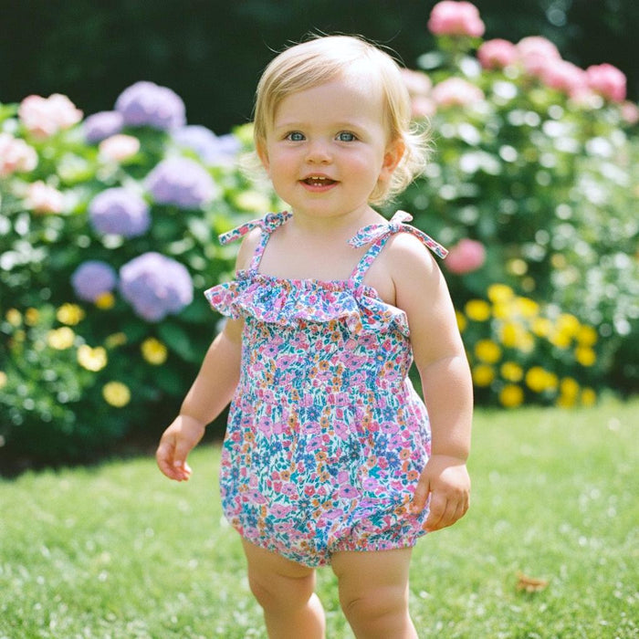 Liberty London Bubble Ditsy Floral Print Romper, Personalised Blue Pink Straps Ties Onesie Playsuit