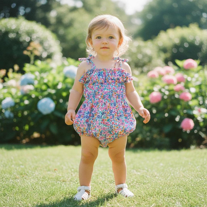 Liberty London Bubble Ditsy Floral Print Romper, Personalised Blue Pink Straps Ties Onesie Playsuit