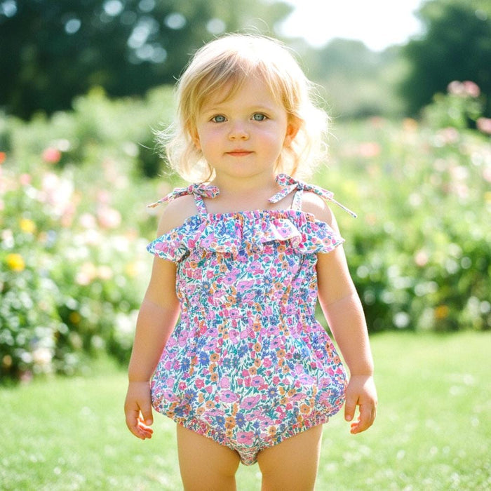 Liberty London Bubble Ditsy Floral Print Romper, Personalised Blue Pink Straps Ties Onesie Playsuit