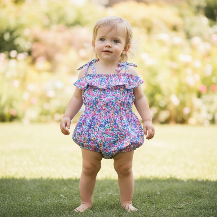 Liberty London Bubble Ditsy Floral Print Romper, Personalised Blue Pink Straps Ties Onesie Playsuit