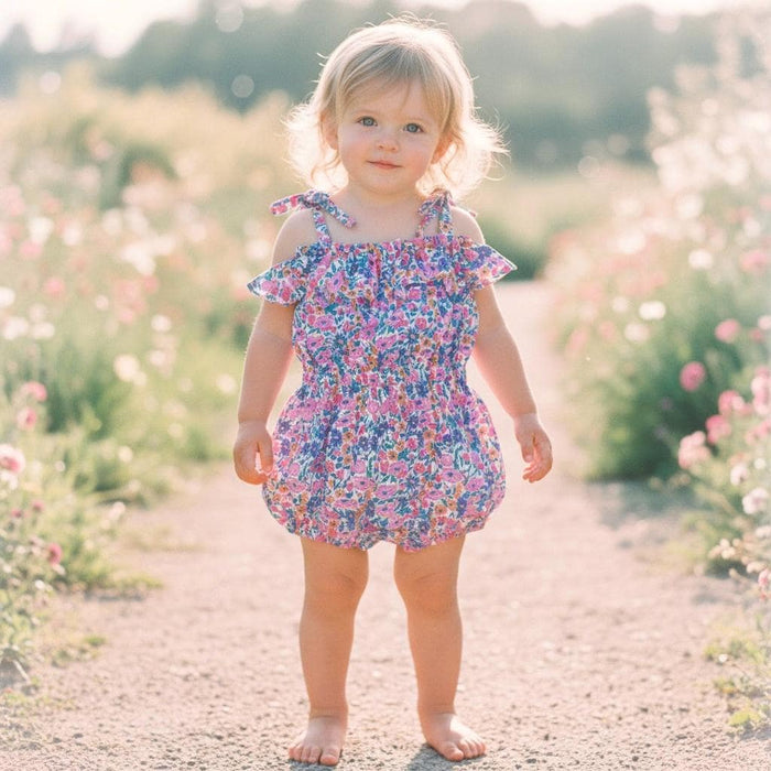 Liberty London Bubble Ditsy Floral Print Romper, Personalised Blue Pink Straps Ties Onesie Playsuit