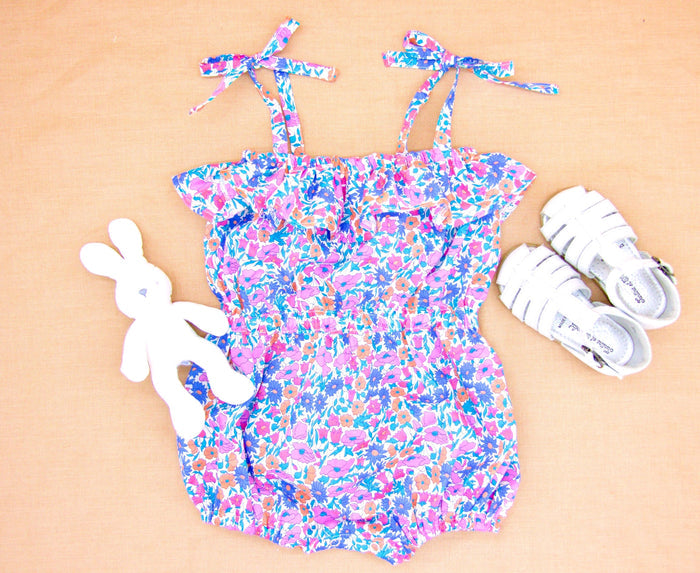 Liberty London Bubble Ditsy Floral Print Romper, Personalised Blue Pink Straps Ties Onesie Playsuit