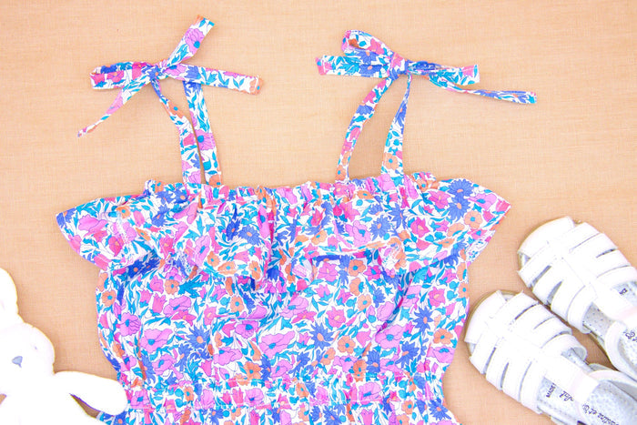 Liberty London Bubble Ditsy Floral Print Romper, Personalised Blue Pink Straps Ties Onesie Playsuit