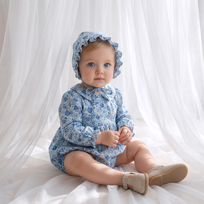 Liberty London Bubble Romper Bonnet, Christening Baptism Outfit, Special Occasion Handmade Children-wear, Heirloom Playsuit
