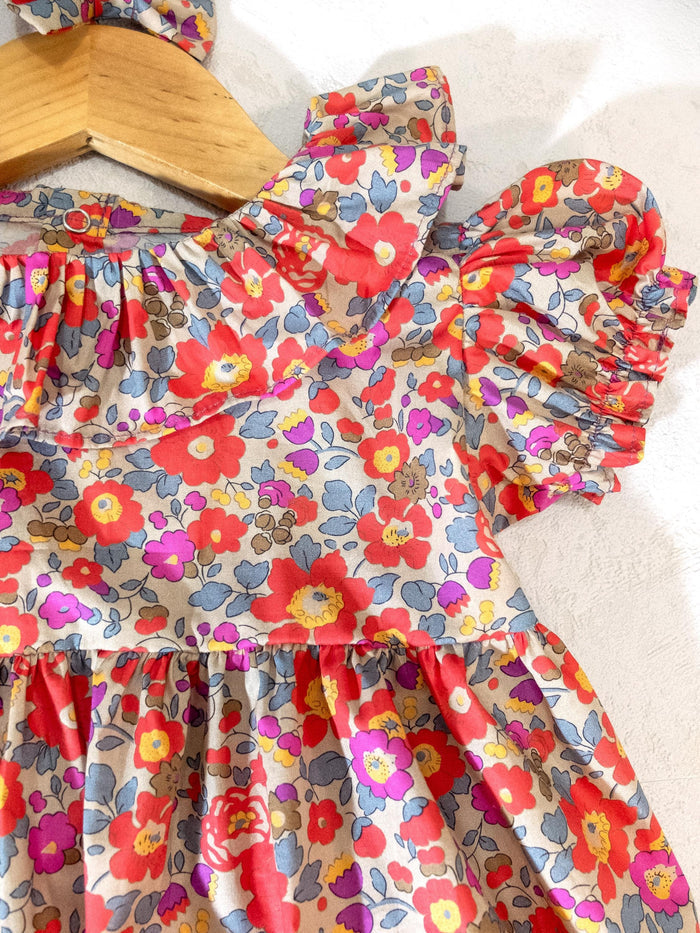 Liberty London Bubble Romper: Floral Print Cotton, Short Sleeves, Ruffle Collar